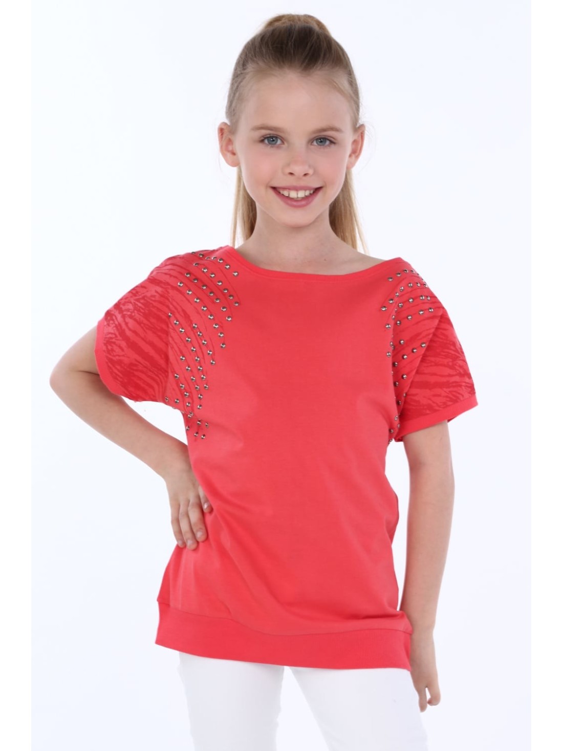 Girls\' blouse with round studs, coral NDZ8282 - Online store - Boutique